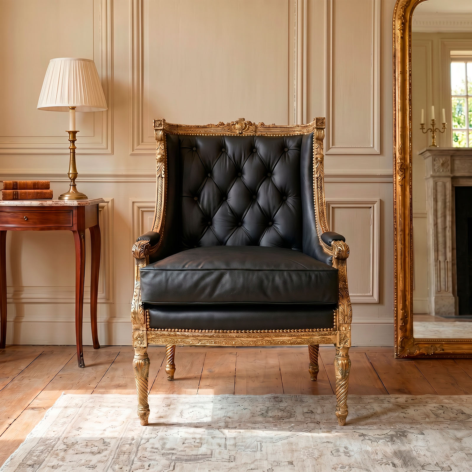 Sillón Berger Luis XVI Cuero Capitoné Tallado (6753)