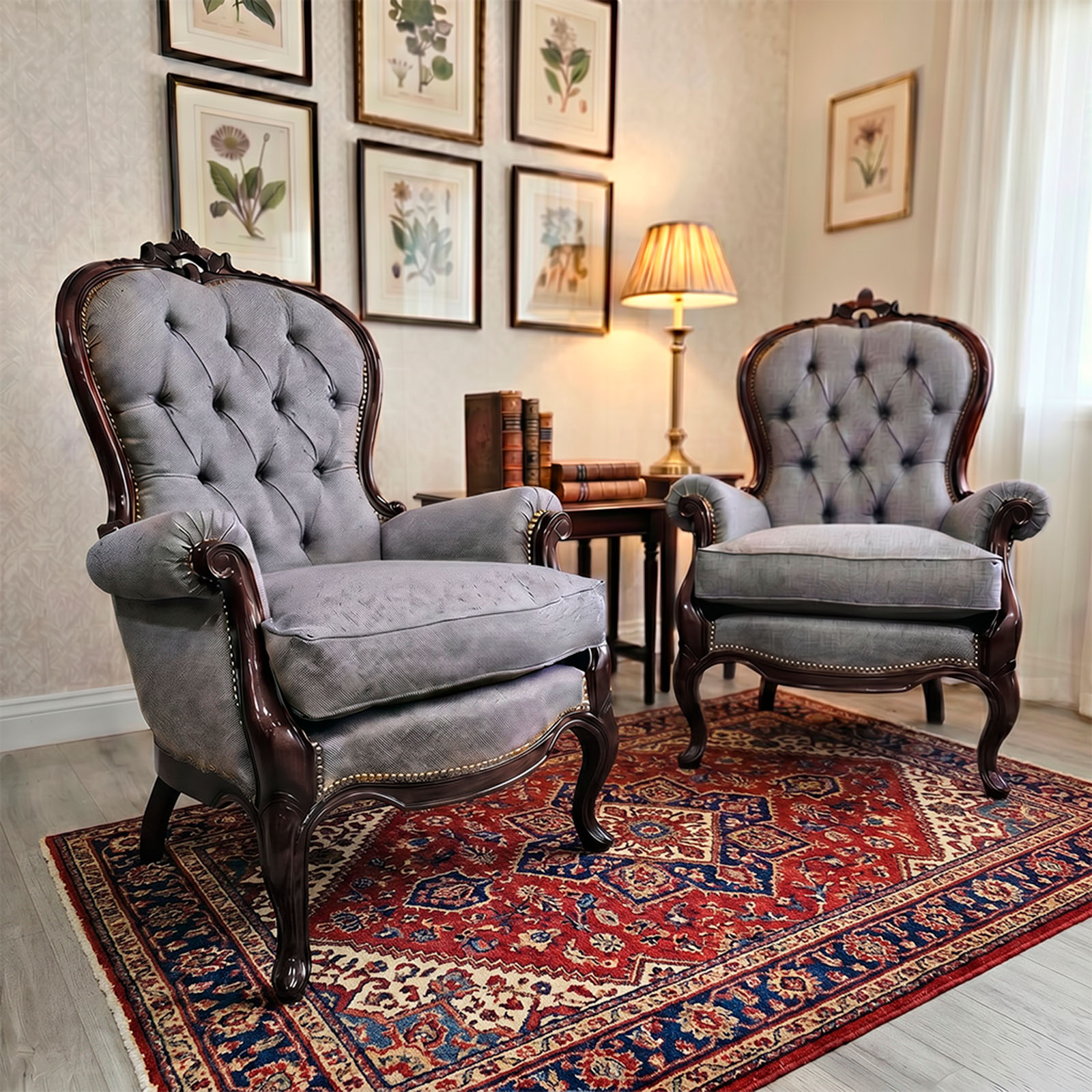 Par De Sillones Antiguos Capitoné Colonial Inglés Lino Gris (6951)