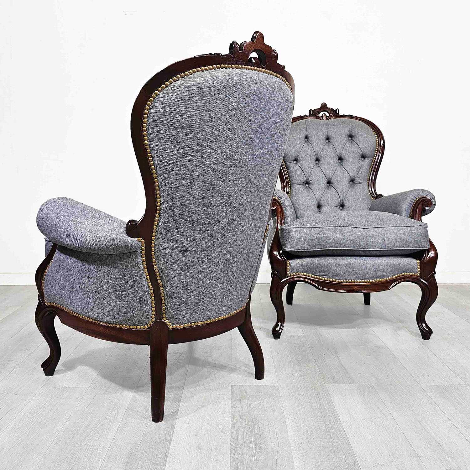 Par De Sillones Antiguos Capitoné Colonial Inglés Lino Gris (6951)