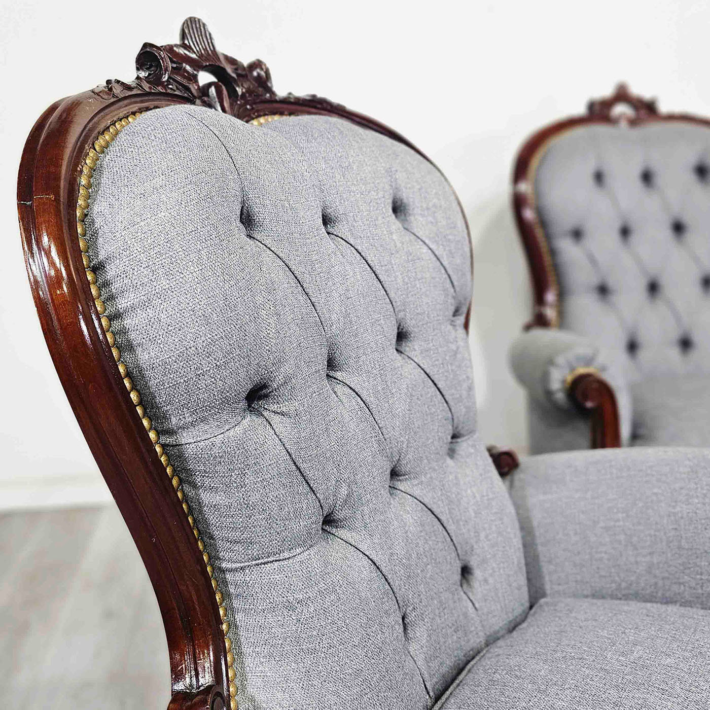 Par De Sillones Antiguos Capitoné Colonial Inglés Lino Gris (6951)