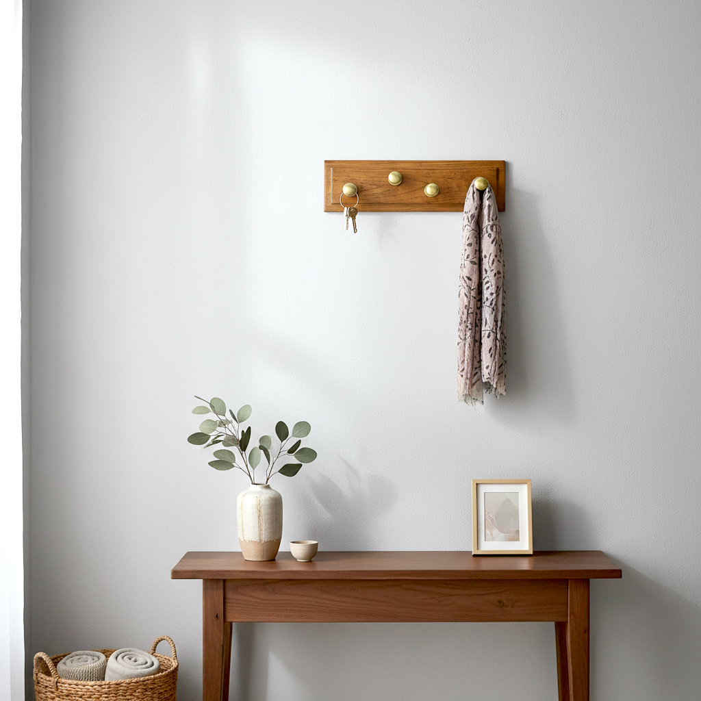 Perchero Antiguo De Pared Cedro Y 4 Ganchos De Bronce (6996)