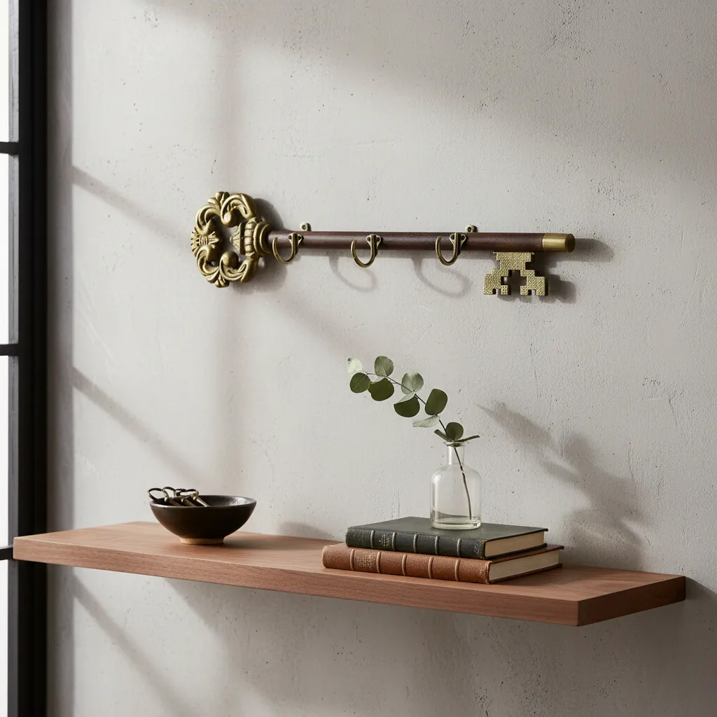 Perchero Llavero De Pared Bronce Y Madera 3 Ganchos (7003)