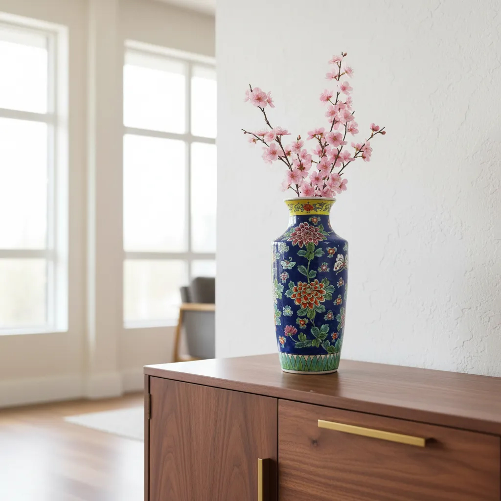 Florero Jarrón Porcelana Japonesa Policroma Azul Flores Mariposas (7010)