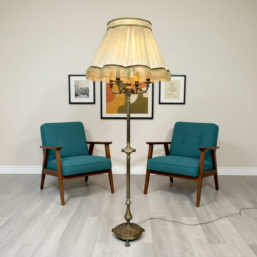 Lámpara De Pie Antigua Bronce 5 Luces Pantalla Original (7031)