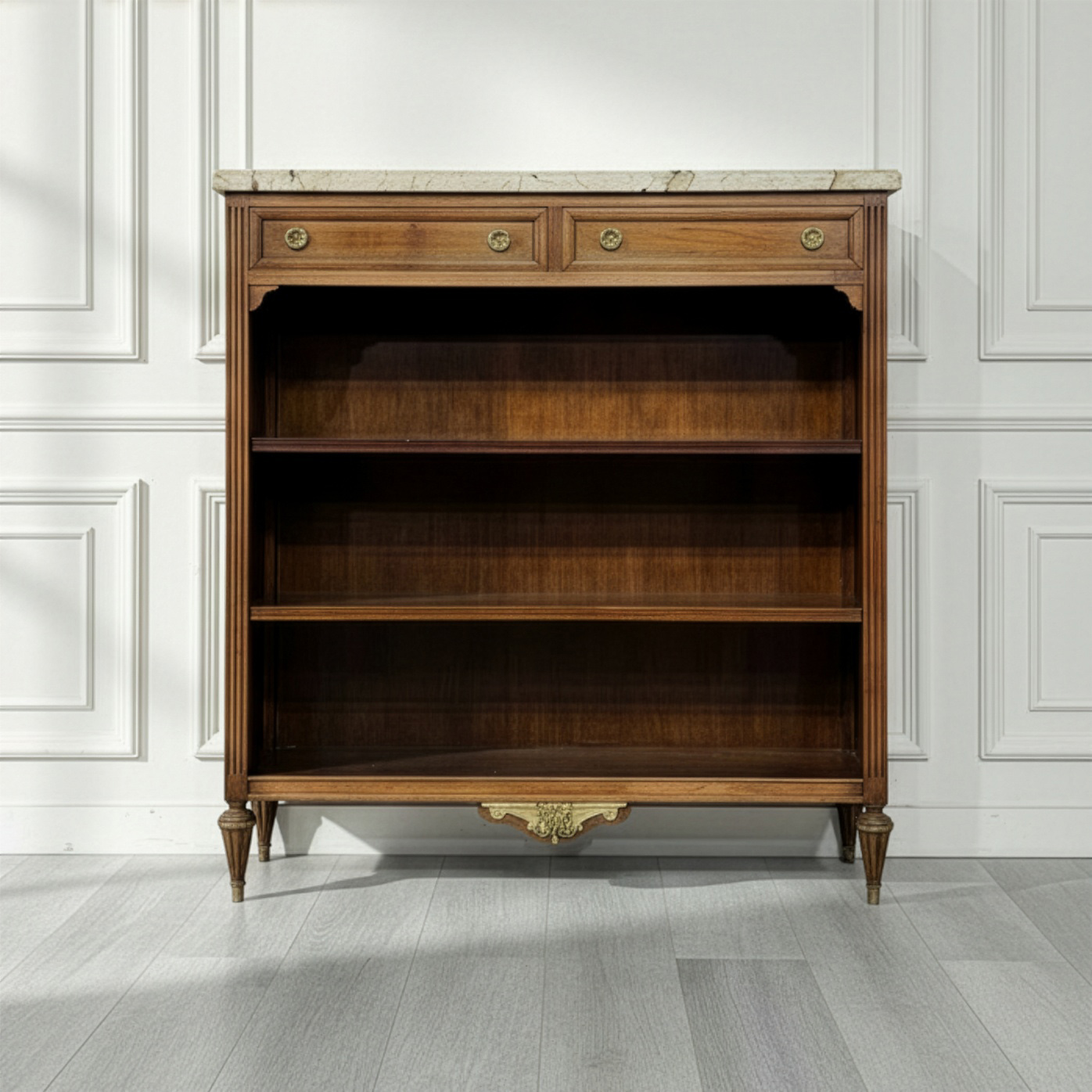 Biblioteca Baja Francesa Nogal Mármol 2 Cajones Bronce (7032)