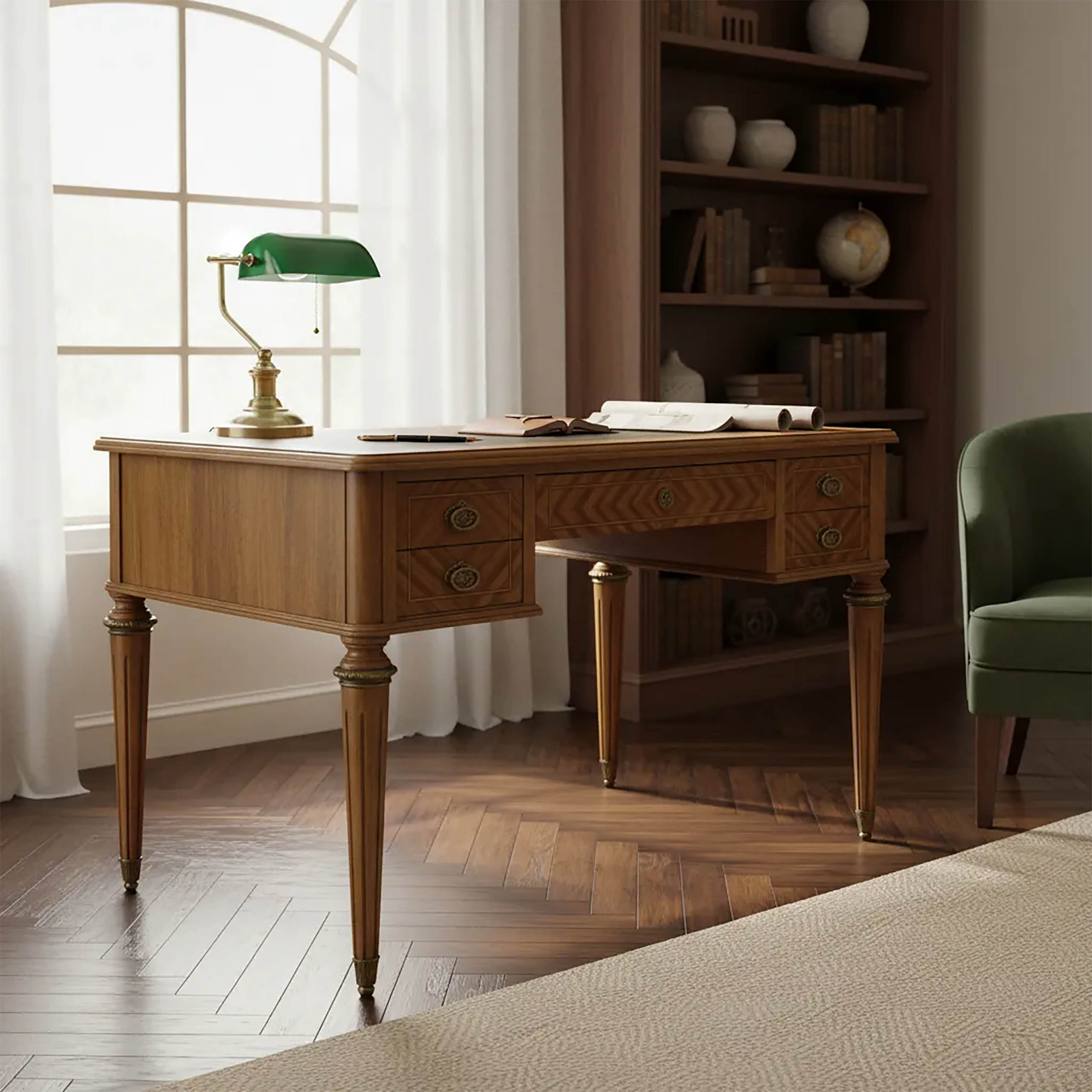 Escritorio Francés Neoclásico 5 Cajones Bronce Cuero (7036)