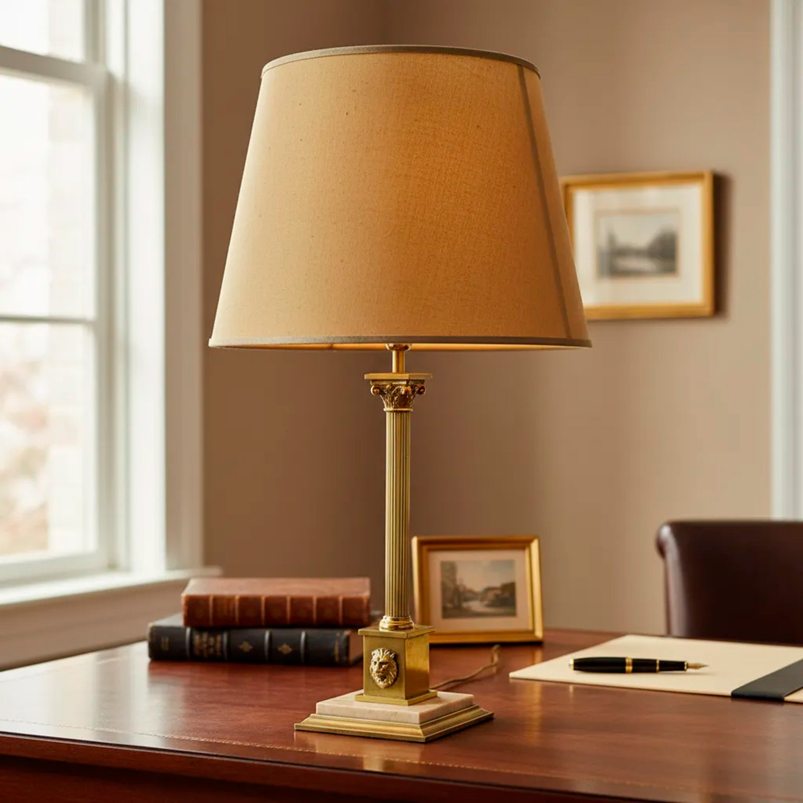 Lámpara De Mesa Neoclásica Bronce Y Mármol Travertino (7075)