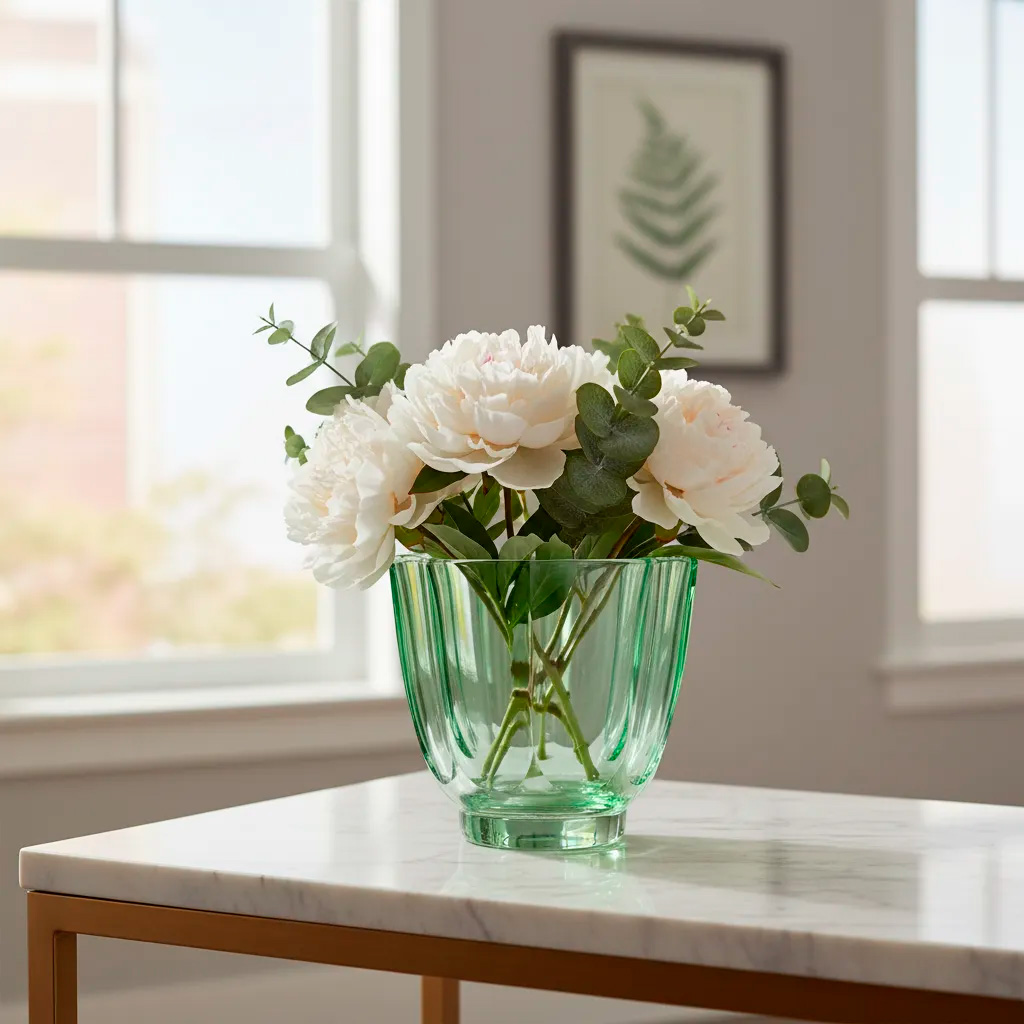 Florero Macetero Cristal Verde Facetado Art Déco Geométrico (7076)