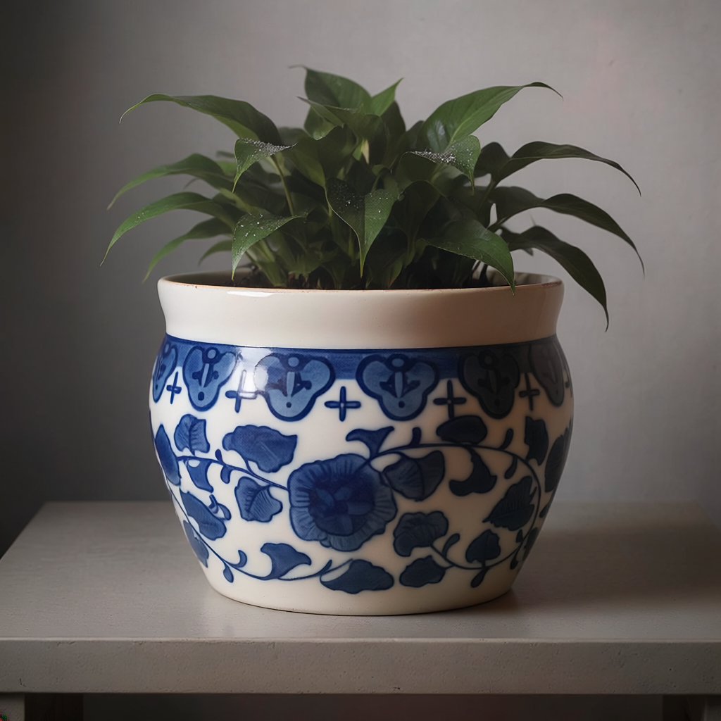 Maceta Cachepot Cerámica Azul Y Blanca Estilo Oriental Chinoiserie (7077)