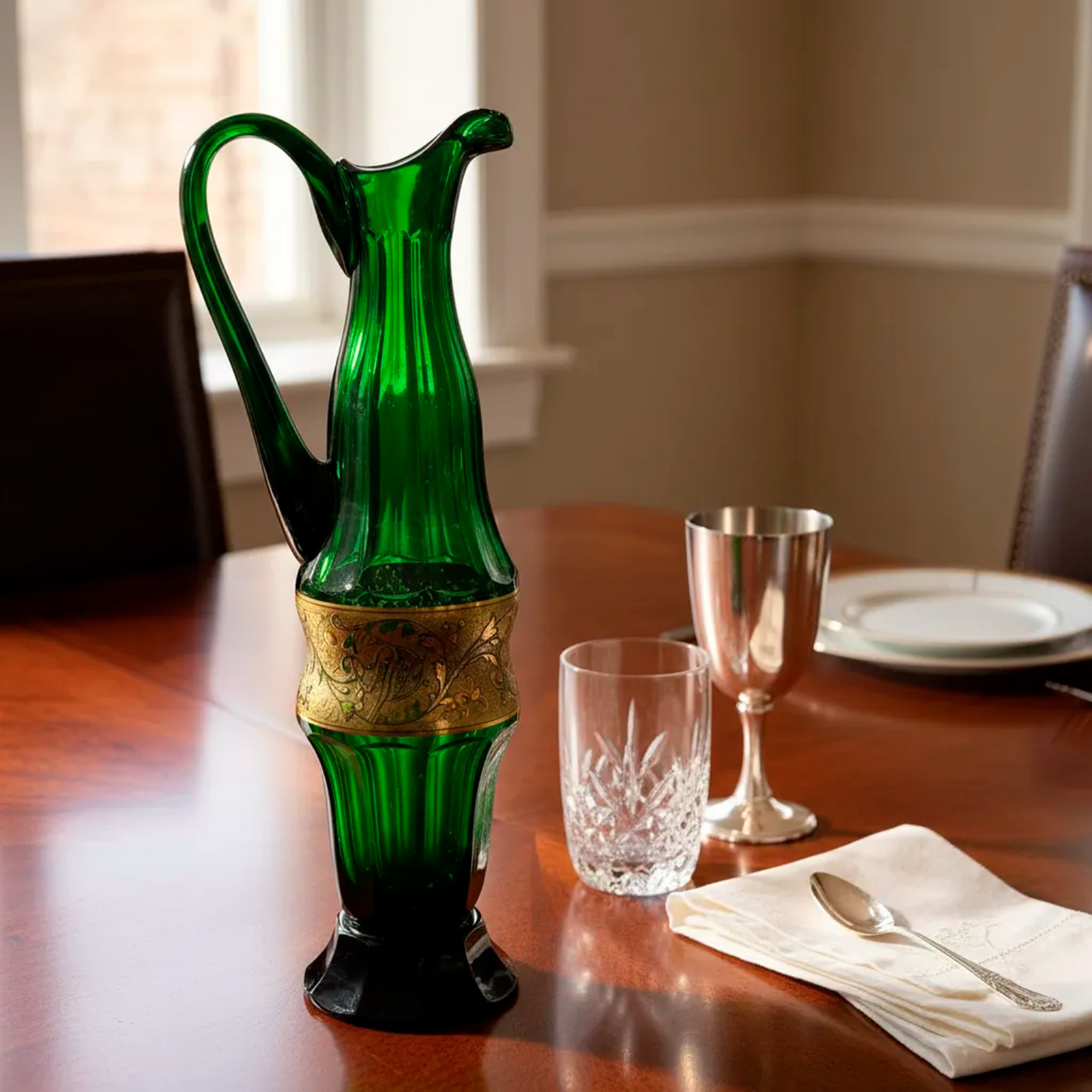 Jarra Ewer Bohemia Vidrio Verde Esmeralda Dorado (7091)