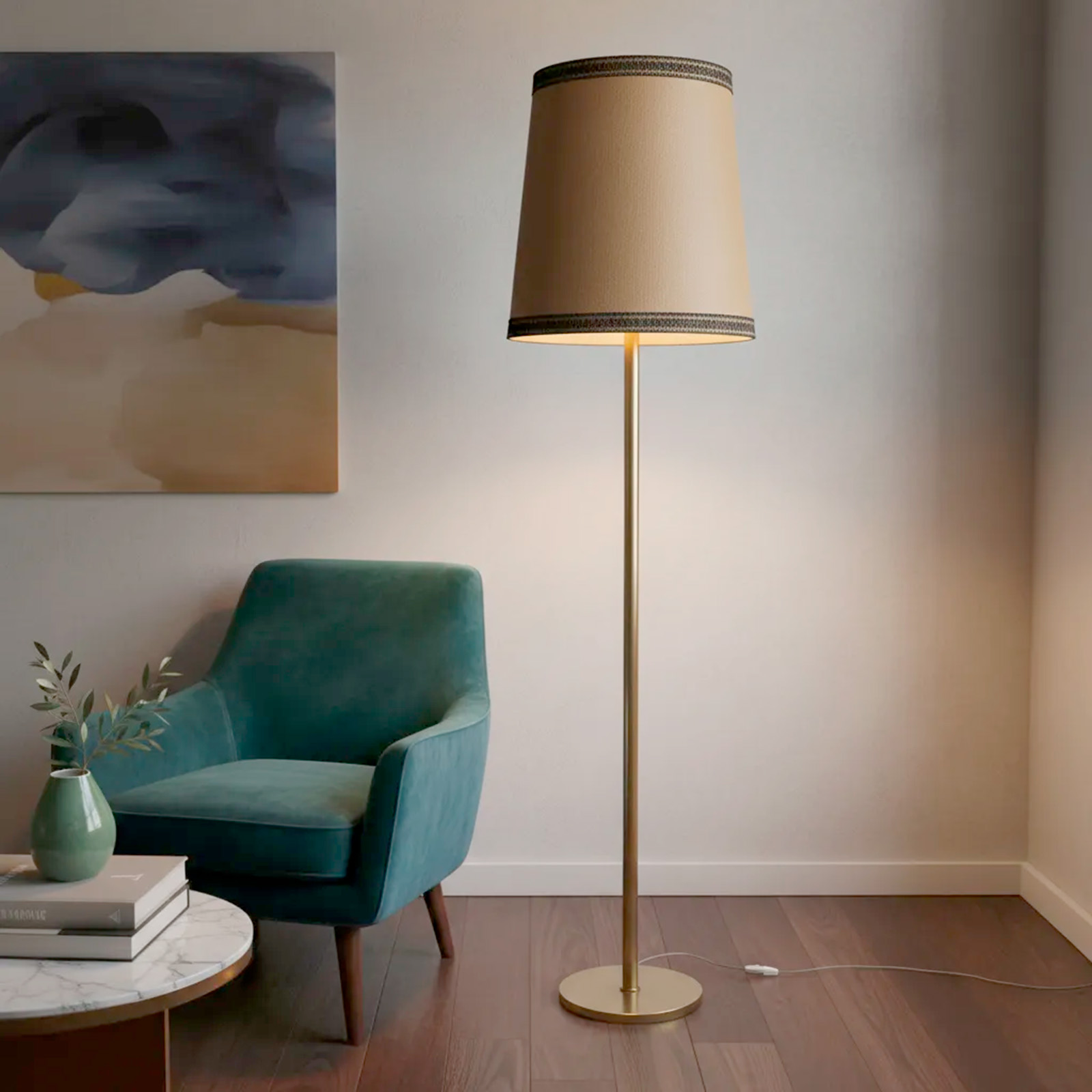 Lámpara De Pie Vintage Bronce Con Pantalla Original (7100)