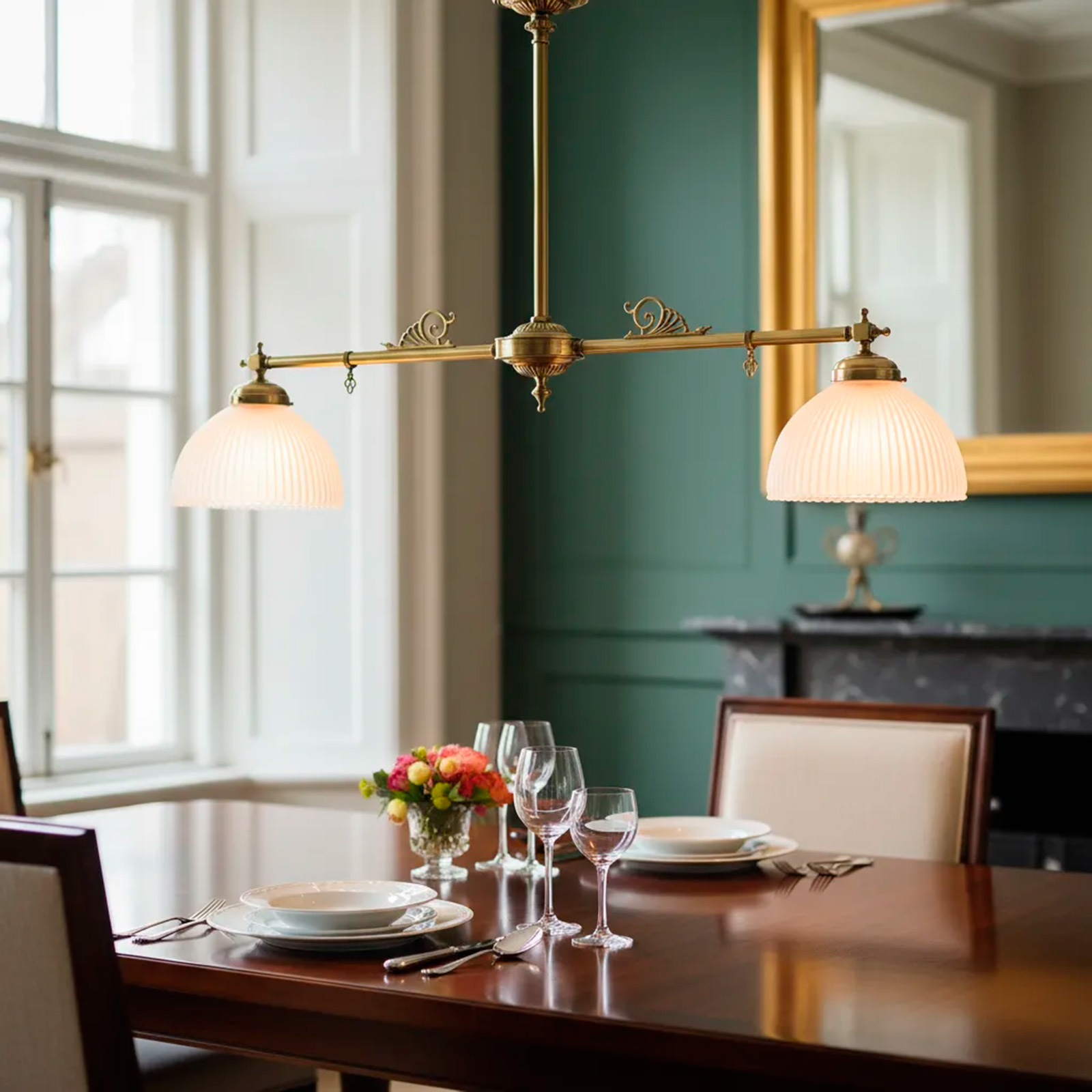 Lámpara Colgante Doble  Bronce Tulipas Opalina (7102)