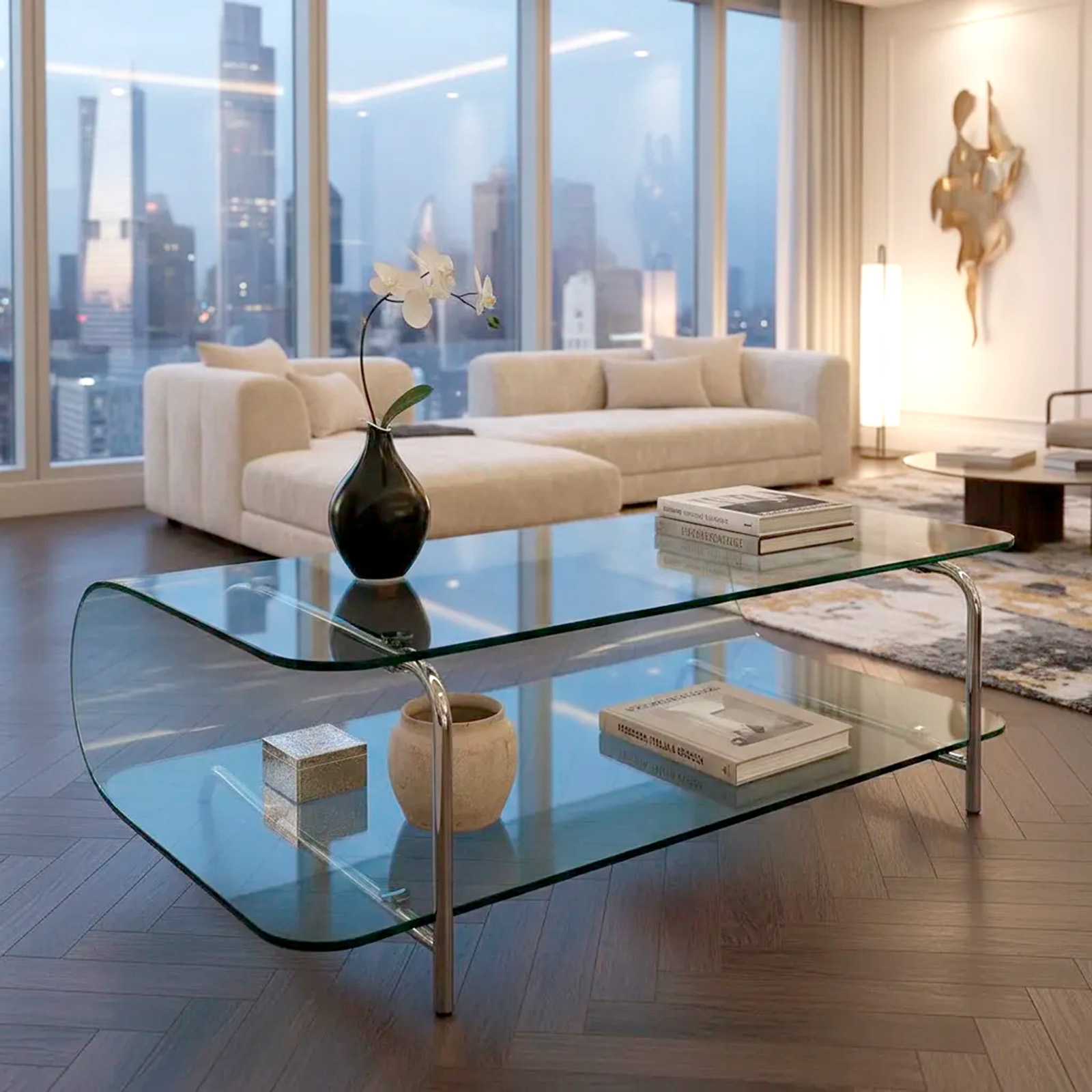 Mesa Ratona De Cristal Curvo Y Caño Cromado Diseño (7108)