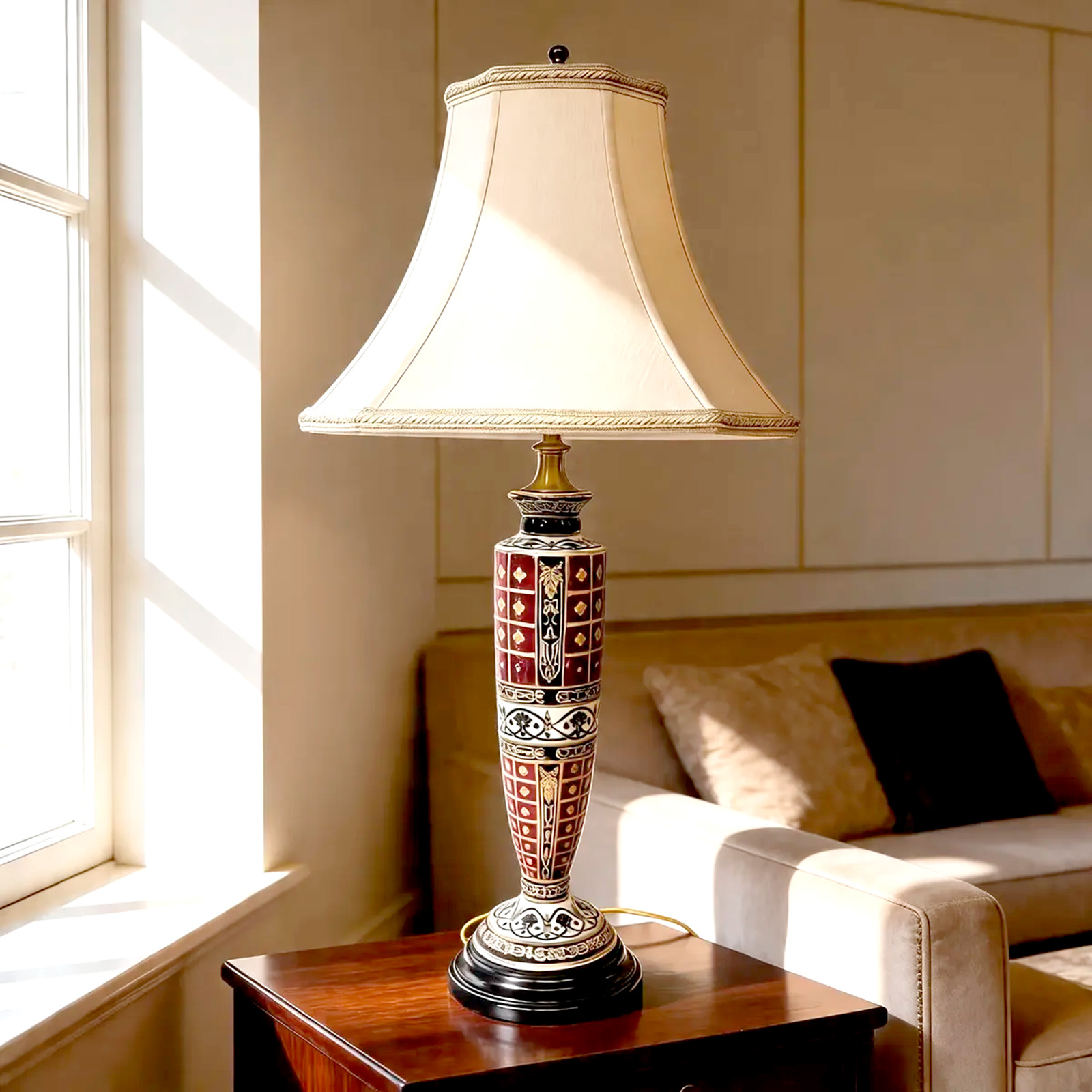 Lámpara De Mesa Antigua Porcelana Pintada Pantalla Seda (7123)