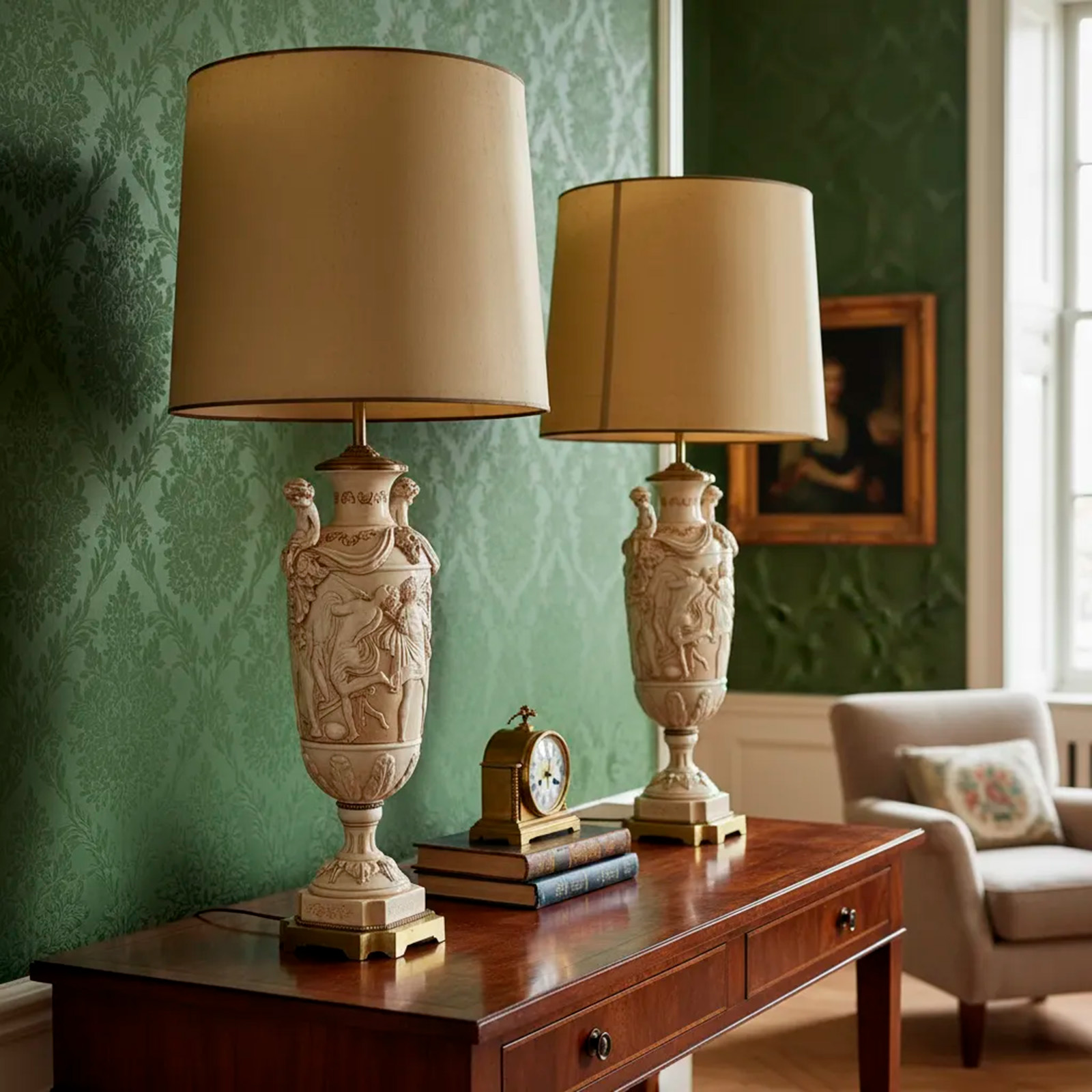 Par Lámparas De Mesa Porcelana Estilo Capodimonte Pantallas Originales (7124)