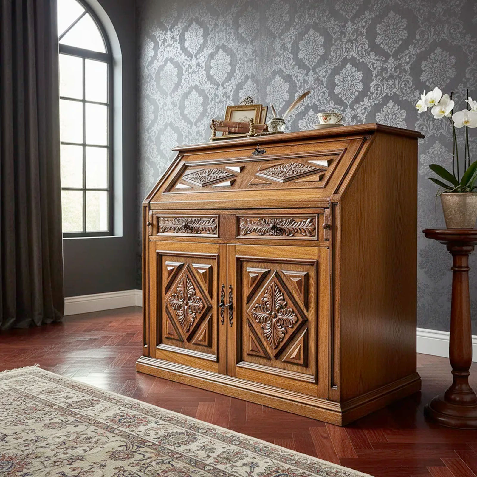 Escritorio Secretaire Antiguo Tallado Madera Cerejeira (7131)