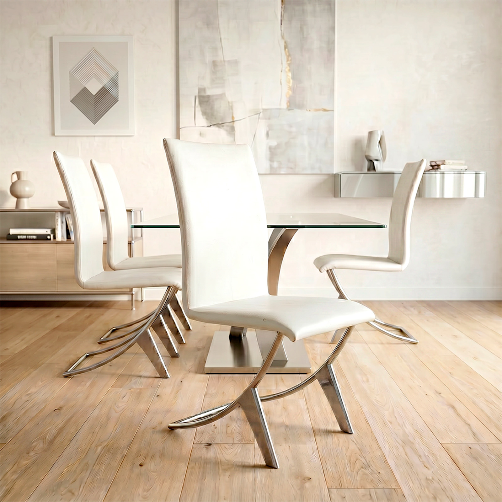 Set 4 Sillas Comedor Cromadas Diseño Cuerina Blanca (7142)