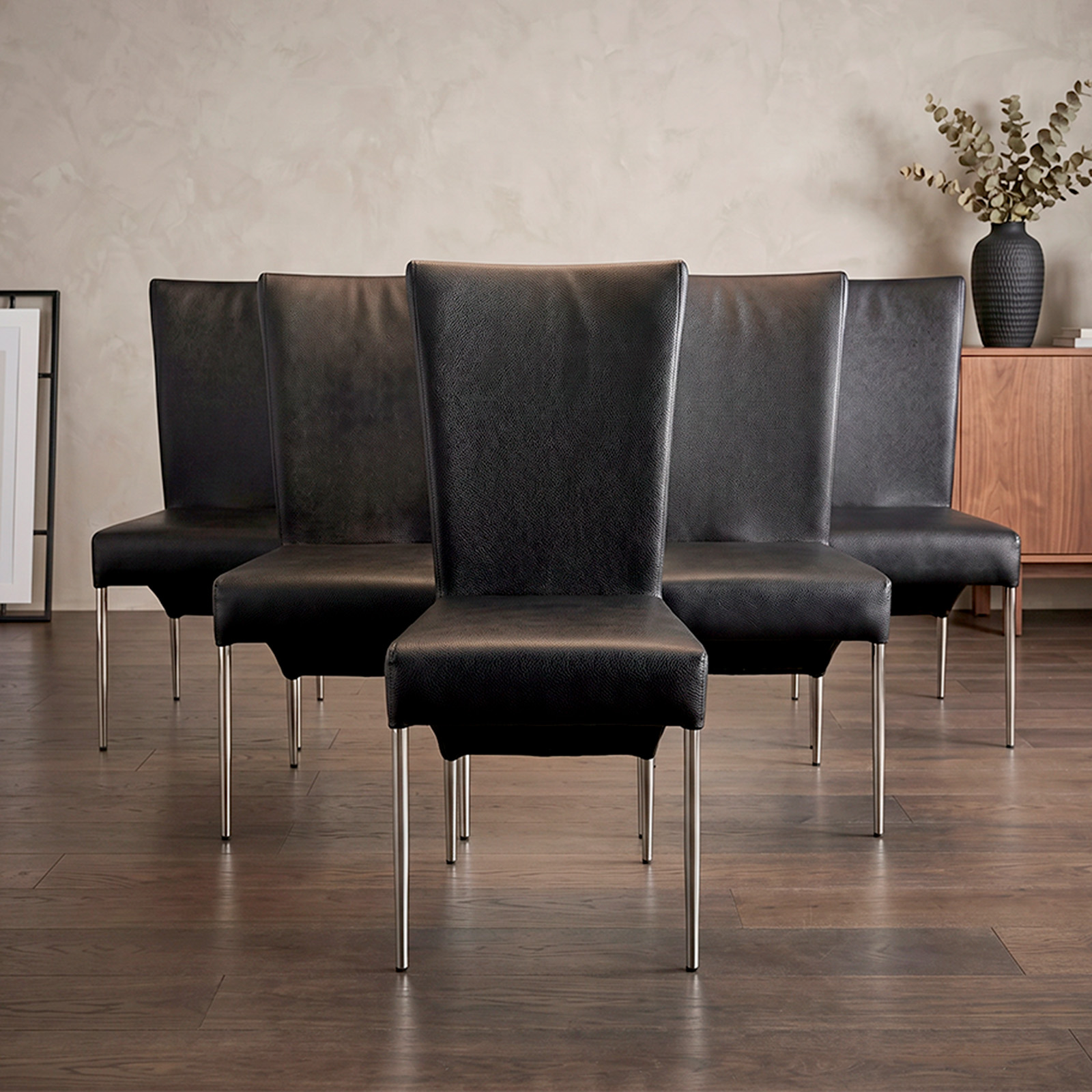 Set De 6 Sillas Comedor Cromadas Cuerina Negra (7146)