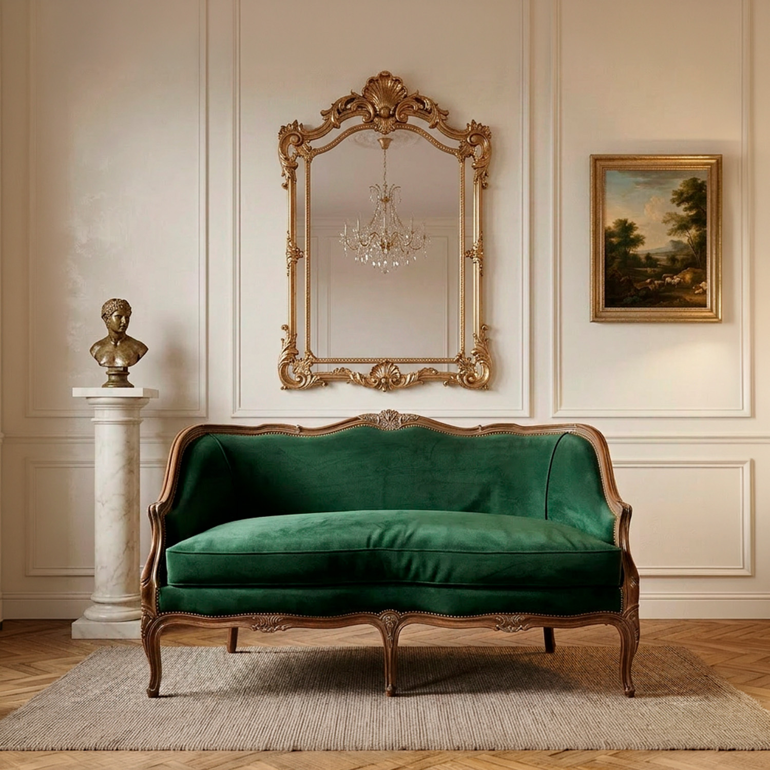 Sillón Canapé Antiguo Francés Luis XV Nogal Pana Verde (7185)