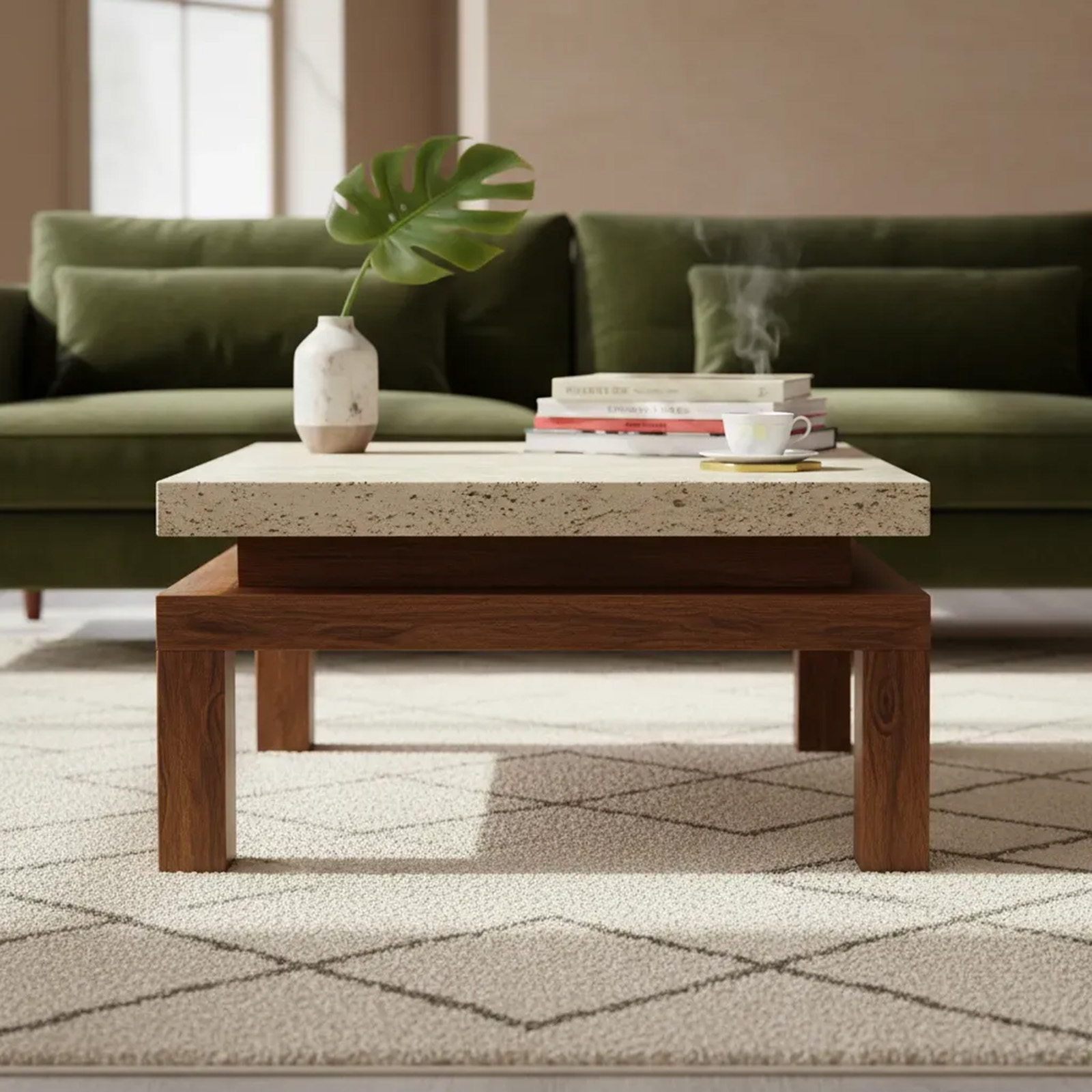 Mesa Ratona Auxiliar Mid Century Diseño Caoba Travertino (7186)