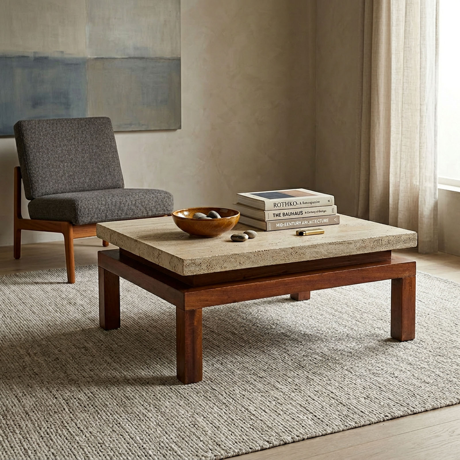Mesa Ratona Diseño Mid Century Caoba Travertino (7187)