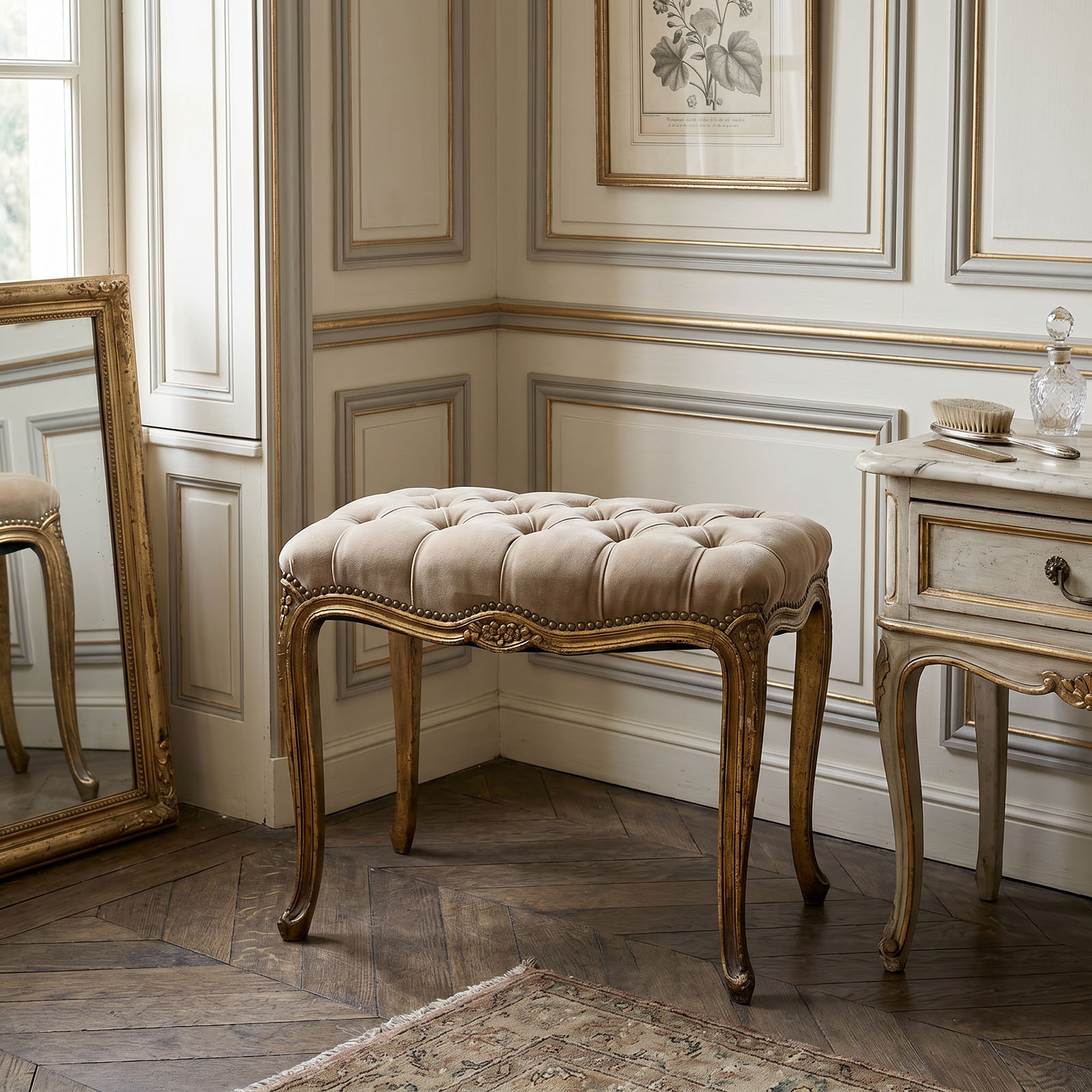Banqueta Antigua Luis XV Dorada Capitoné Pana Beige (7214)