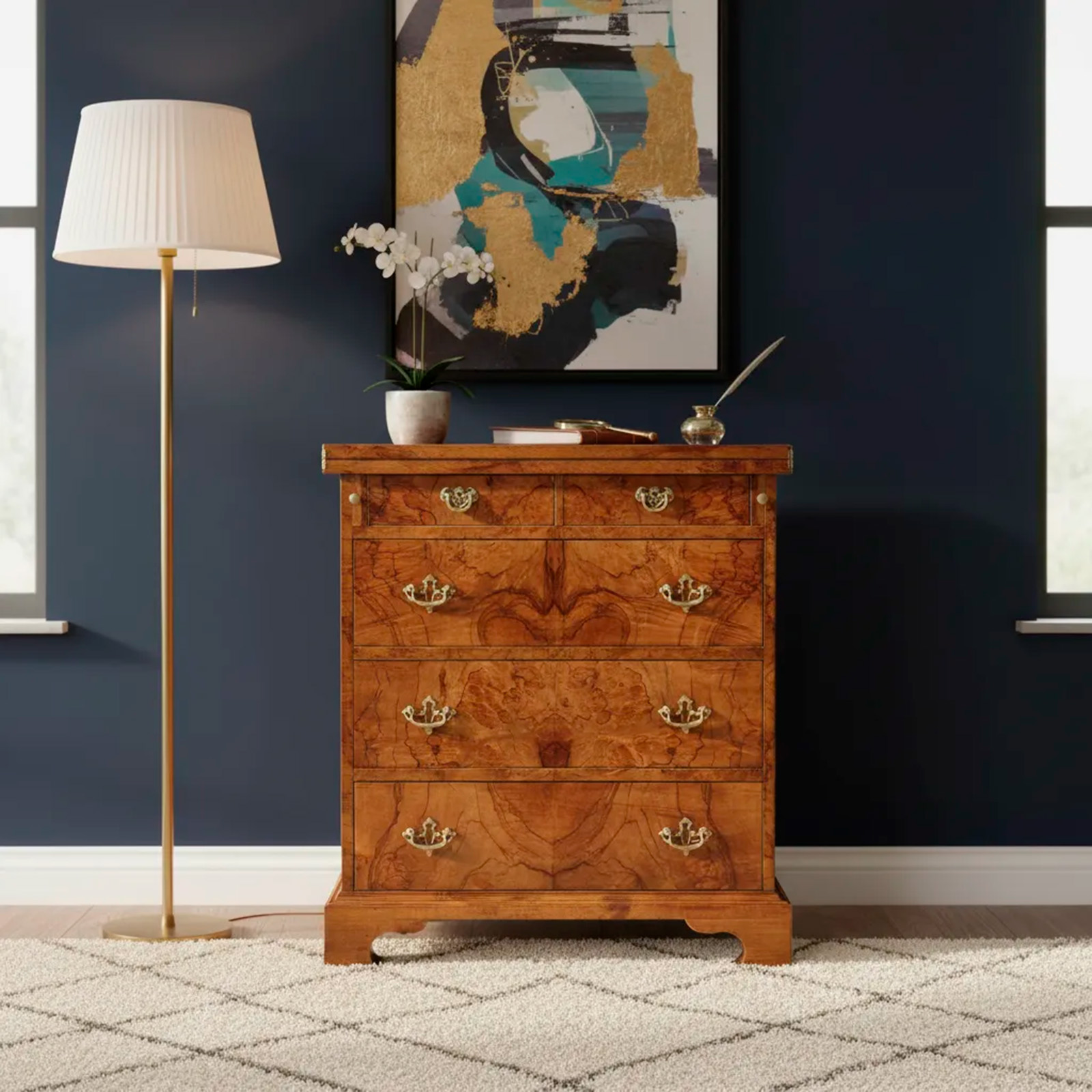 Petit Mueble Escritorio Secreter Inglés Raíz De Nogal Cuero (7248)