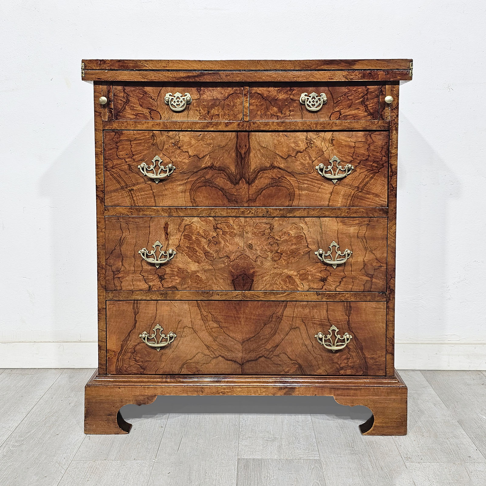 Petit Mueble Escritorio Secreter Inglés Raíz De Nogal Cuero (7248)
