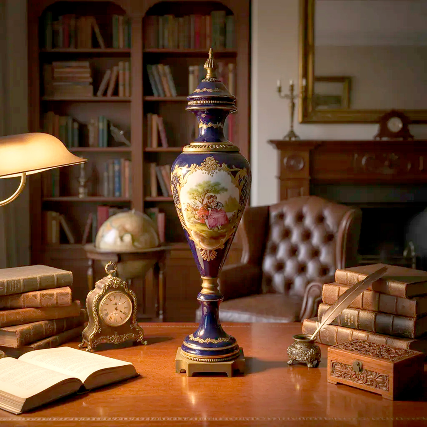 Potiche Porcelana Azul Cobalto Bronce Francés (7252)