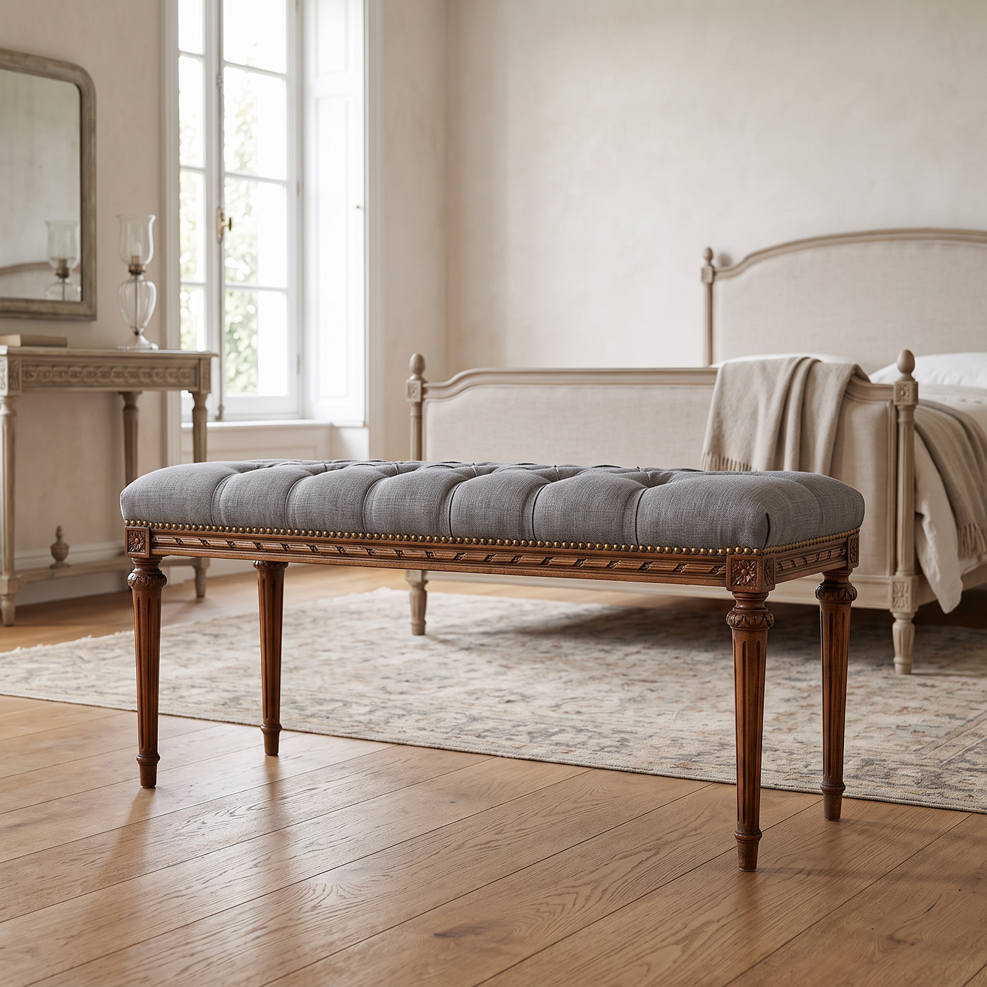 Banqueta Antigua Pie De Cama Luis XVI Nogal Capitone (7271)
