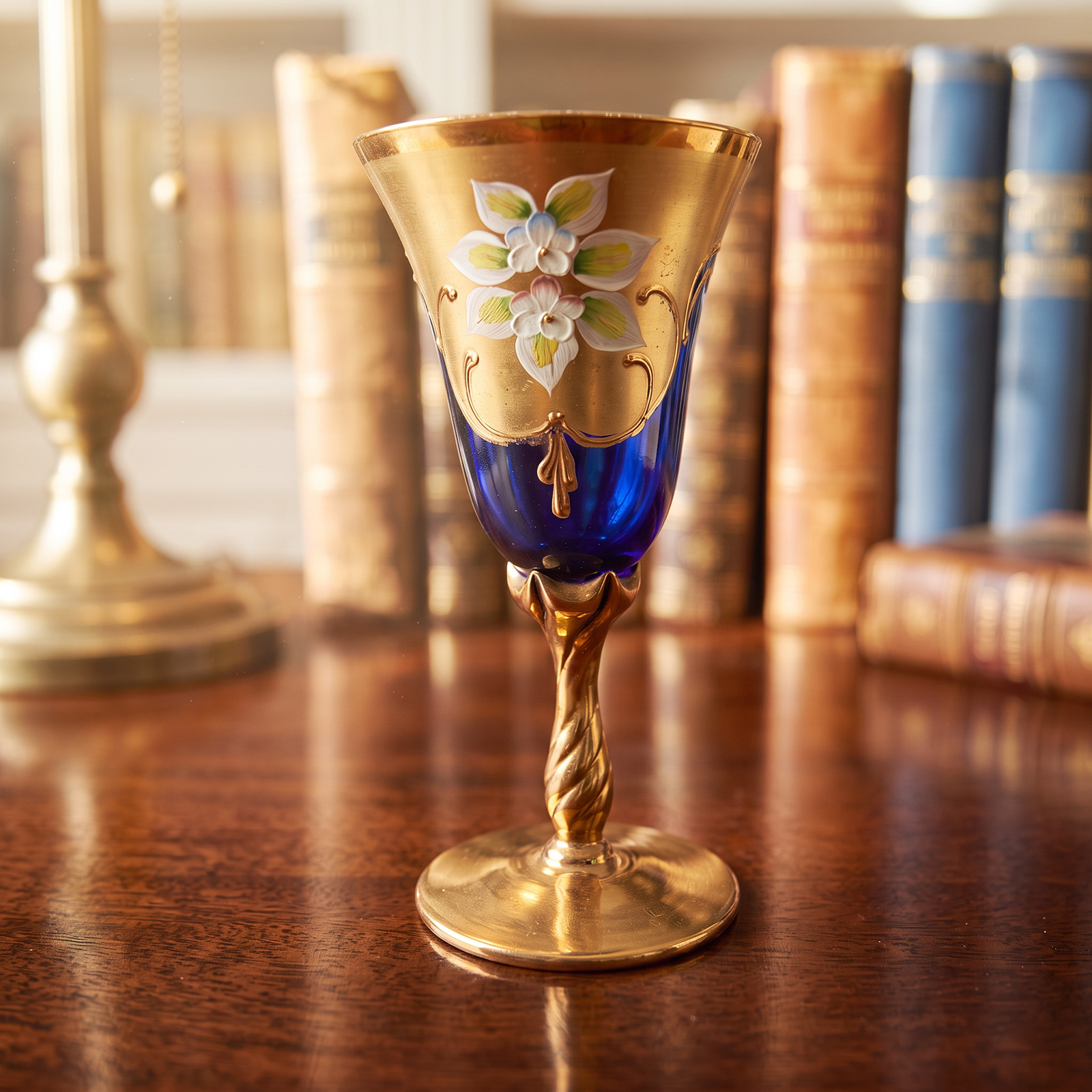 Copa Antigua Veneciana Azul Cobalto Dorada Flores Relieve (7292)