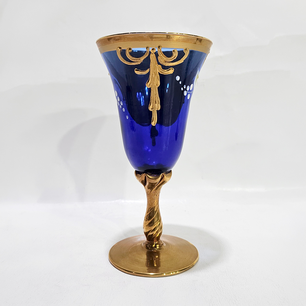 Copa Antigua Veneciana Azul Cobalto Dorada Flores Relieve (7292)