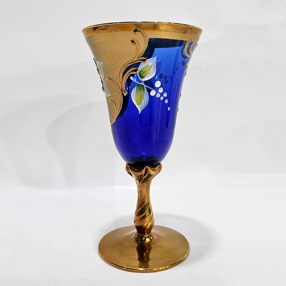 Copa Antigua Veneciana Azul Cobalto Dorada Flores Relieve (7292)