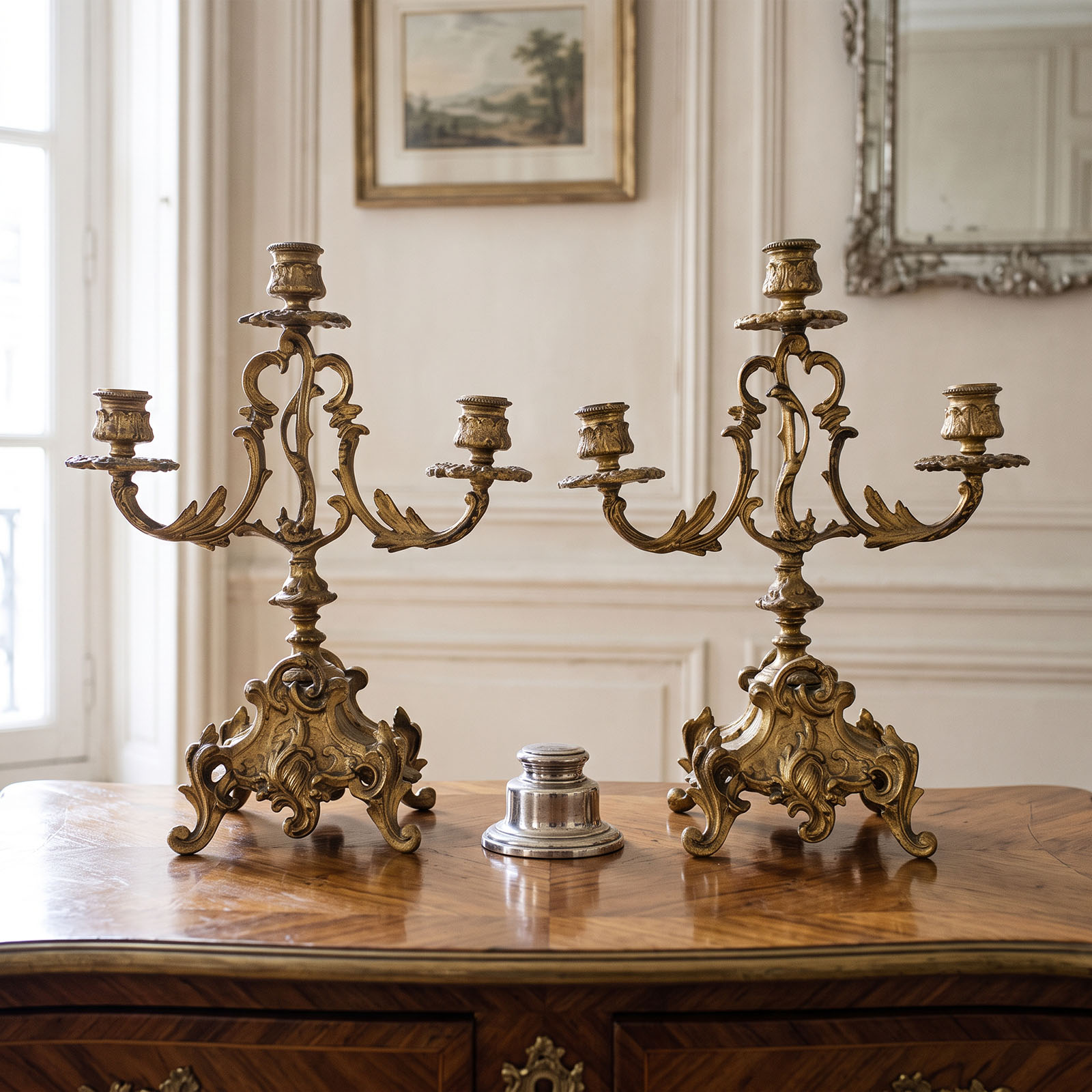 Par Candelabros Bronce Estilo Francés Luis XV 3 Velas (7299)
