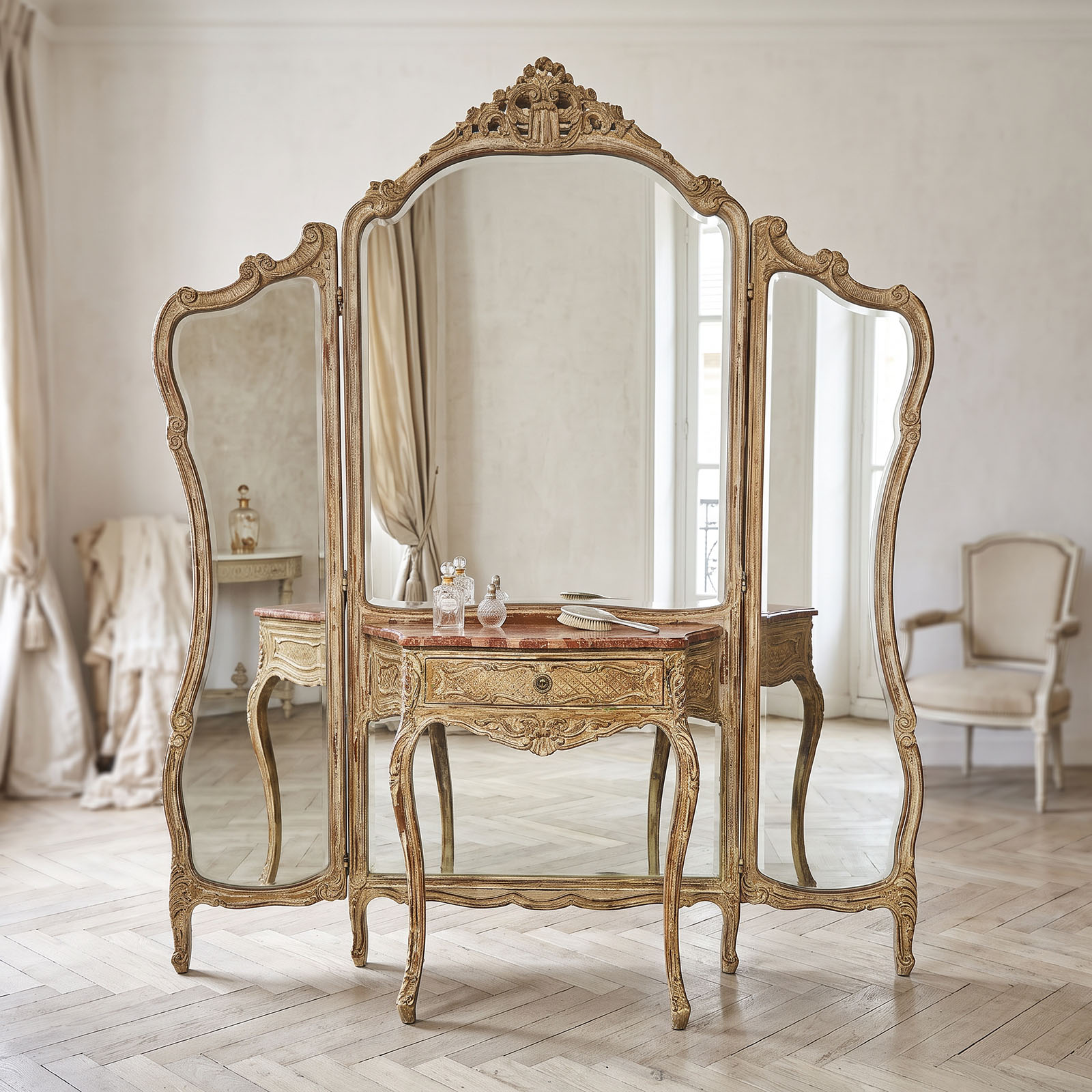 Vestidor Tocador Francés Luis XV Espejo Tríptico Mármol (7316)