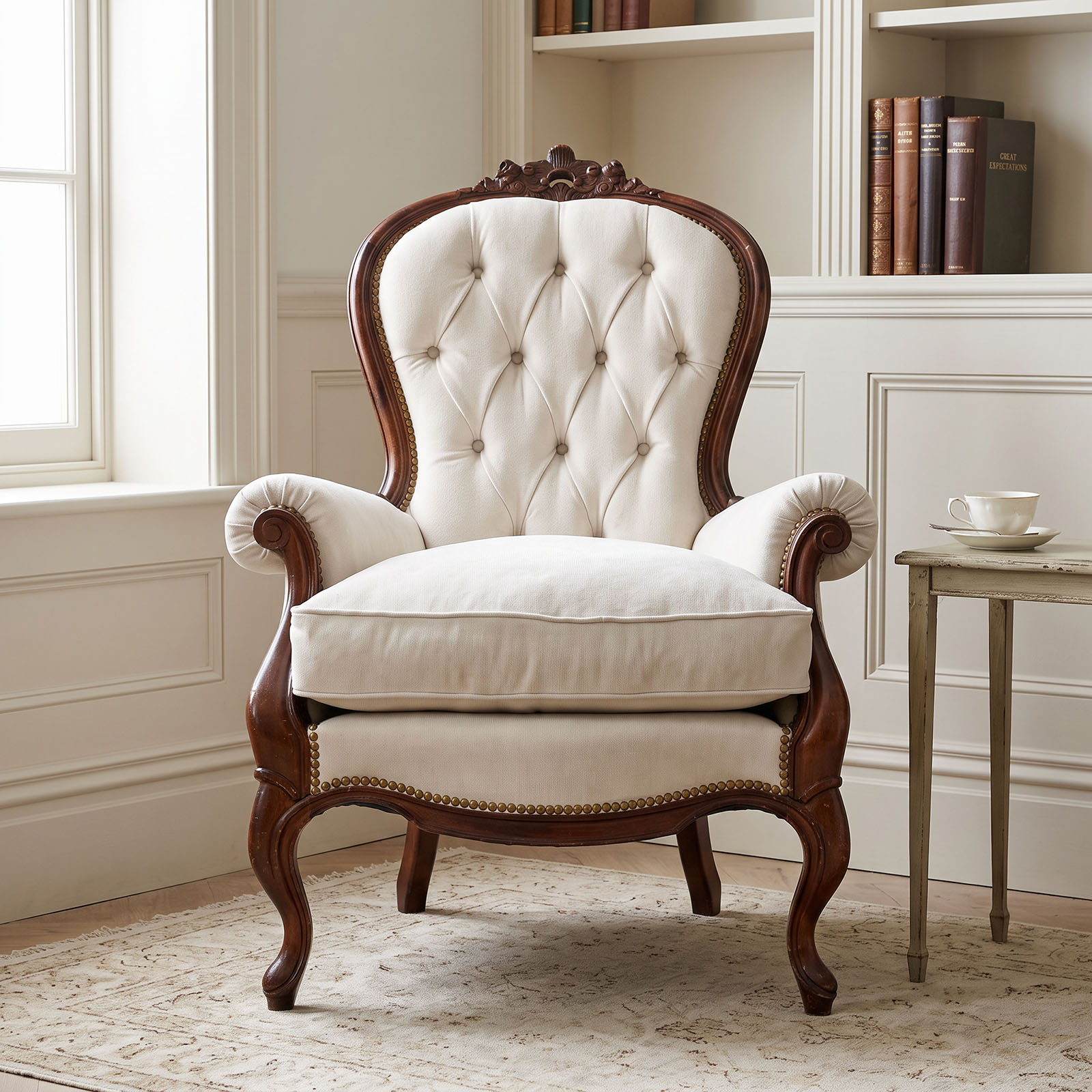 Sillón Colonial Inglés Victoriano Tallado Capitoné (7318)