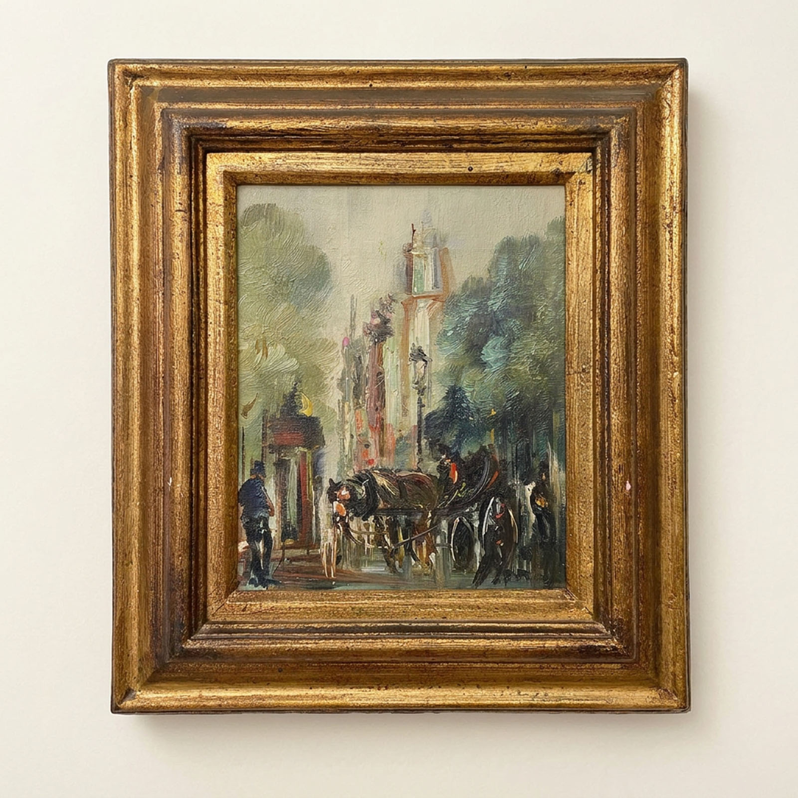 Óleo Sobre Tabla Escena Urbana Carruaje Firmado (7324)