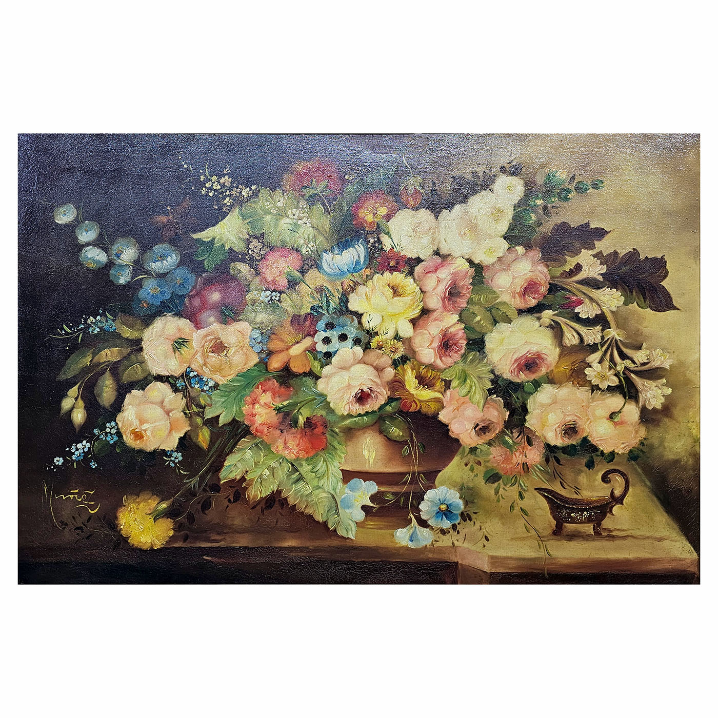 Cuadro Óleo Antiguo Sobre Tela Flores Firmado Muñoz 126 Cm (7332)