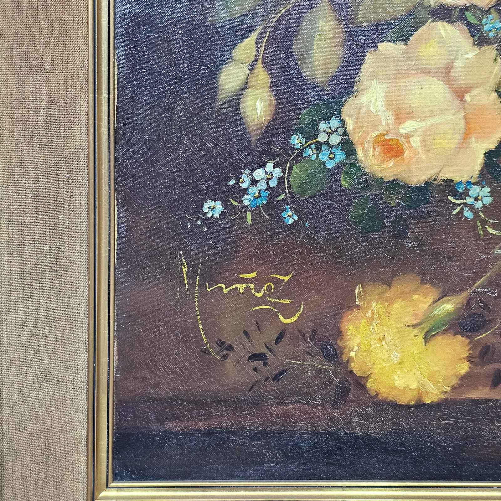 Cuadro Óleo Antiguo Sobre Tela Flores Firmado Muñoz 126 Cm (7332)