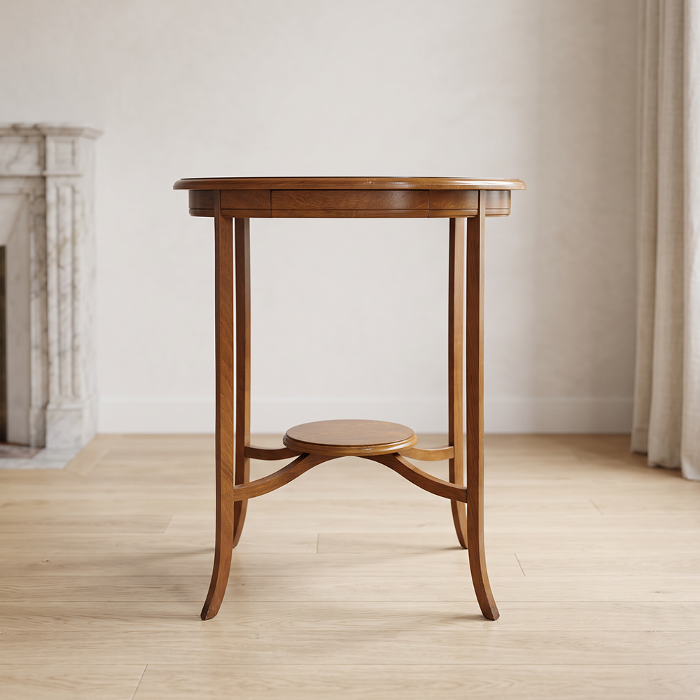 Mesa Auxiliar Oval Madera Maciza Con Estante (7345)